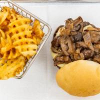 The Swiss Burger · Sautéed mushrooms and onions over Swiss cheese burger on a brioche bun with seasoned waffle ...