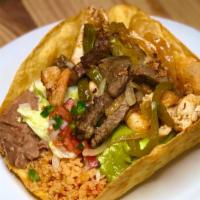 Fajita Salad · Your choice of steak or chicken, rice, beans, lettuce. Guacamole, sour cream, and pico de ga...