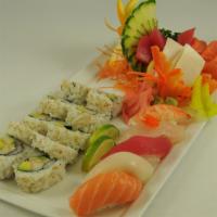 Sushi & Sashimi Platter · 5 pieces assorted sushi and 9 pieces assorted sashimi and a California roll. Served with cho...