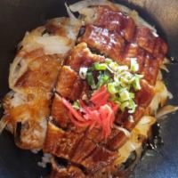Unagi Donburi · BBQ eel over rice. Served with choice of miso soup or salad.