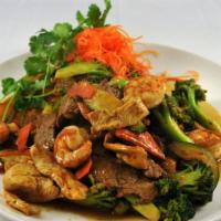 Nami Three Chef'S Special · Spicy. Shrimp, beef, and chicken sautéed with broccoli, zucchini, and carrot in chef's spicy...
