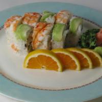 Orange Sunshine Roll · Crab, cucumber, and mayonnaise, topped with shrimp and avocado.