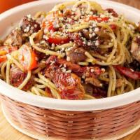 Spaghetti Bowl · Exquisite vegan pasta with pesto sauce, mushroom and tomato cherry or tasty vegan Bolognese ...