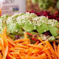 Superfood Salad · Kale, spinach, cucumber, celery, carrot, cherry tomato, beet, pumpkin seeds, cranberries, he...