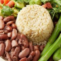 Frijoles Bowl · Kidney beans, brown rice, asparagus, avocado and tomato.