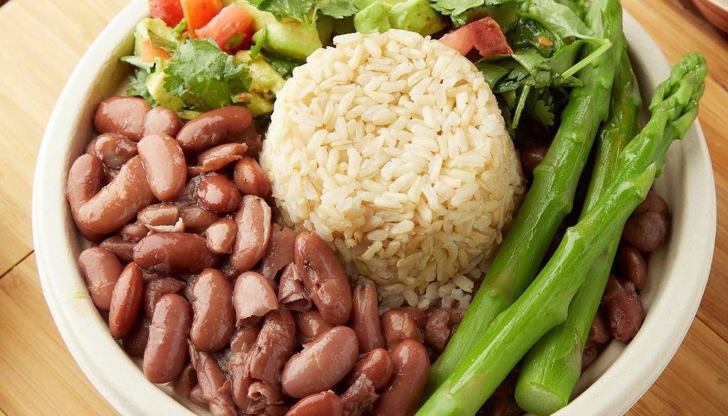 Frijoles Bowl · Kidney beans, brown rice, asparagus, avocado and tomato.