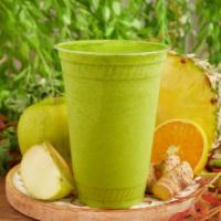 Wellness Smoothie · Green grape, green apple, pineapple, orange juice, ginger, wheatgrass, kale, spinach, flaxseed