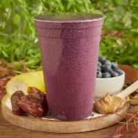 Pb&J Smoothie · Blueberry, organic peanut butter, date, flaxseed, banana and almond milk.