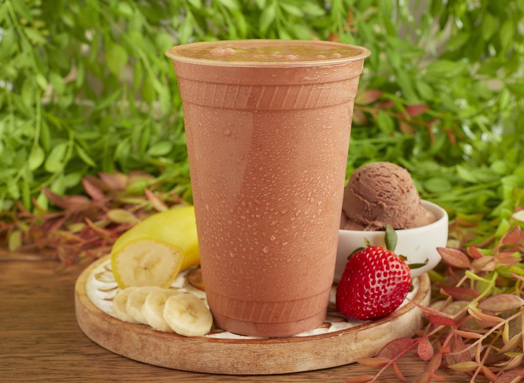 Chocofruit Smoothie · Almond milk + chocolate vegan ice cream + banana + cocoa + strawberry + cinnamon