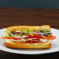 Rosati'S Sub · Mortadella, capicola, salami, lettuce, tomato, red onion, melted mozzarella, pepperoncini, v...