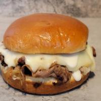 Philly Cheese · Philly Cheesesteak Meat, Topped with Swiss Cheese, Sauteed Mushrooms & Onions, Mayo