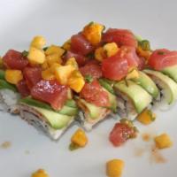 2-Tu-Mango · Crab, cream cheese, and masago inside out, layered with avocado spicy tuna and mango.