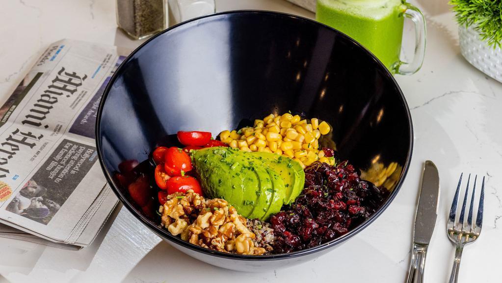 Quinoa · Cherry tomatoes, cranberries, corn, avocado, walnuts, olive oil vinaigrette. Add protein for an additional charge.