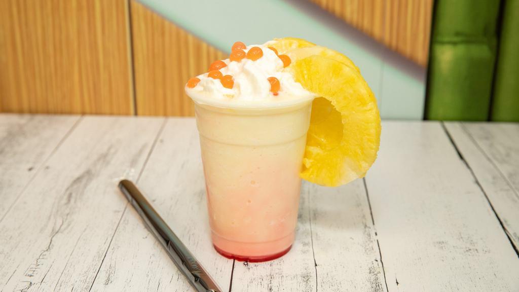Piña Colada! · HOMEMADE PIÑA COLADA! Sunny day and feeling thirsty?? It comes with granadine, and also you can add the boba of your choice!