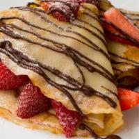 Nutella, Strawberry, And Banana · Top seller crepe!! Comes with Nutella, fresh strawberries and bananas. It comes with whipped...