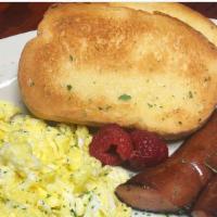 Café Blue Plate · Eggs, smoked sausage, and toast