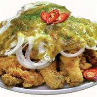 Hot Snow Onion Whole Chicken · Crispy fried chicken with our signature spicy and fresh green hot sauce on sliced sweet onio...