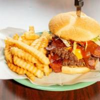 Legion Burger · Double patty, double bacon, double cheese, pickles.  lettuce and  tomato burger with sweet &...