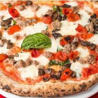 Maradona · Fresh mozzarella, Italian sausage, peppadew peppers, mushrooms, pecorino romano, basil.