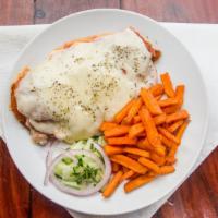 Milanesa Napolitana · Thin cut breaded beef or chicken with tomato, melted cheese.
