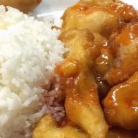 Sweet & Sour Chicken · Crispy chicken breast served with special sweet sauce. Served with white rice. Substitution ...
