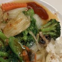 Chinese Mixed Vegetables · Mixed vegetables stir-fried with brown sauce. Served with white rice.