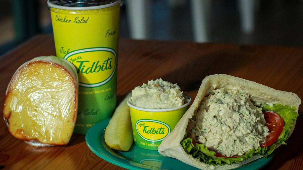 Tidbits' Classic Combo * · A Combo of our Most Popular Items! Our Famous Chicken Salad in a Pita, served with your choice of toppings, Side of Potato Salad, a Pickle Spear & Your Choice of Fountain Drink. . No Substitutions on This Special.