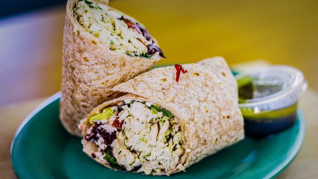 Mediterranean Wrap * · A Whole Wheat Wrap Stuffed with Chicken Chunks, Feta Cheese, Kalamata Olives, Lettuce & Tomato Served with your choice of Side Item, a Pickle Spear & a side of Balsamic Vinaigrette.