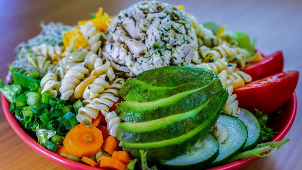 Tidbit Special * · Our Signature Salad! A fresh garden salad with Chicken Chunks, Pasta Salad, Cheddar Cheese, Fresh Avocado, Roma Tomatoes, Bell Peppers, Carrots, Celery, Alfalfa Sprouts, Green Onions, Cucumbers served with your choice of salad dressing.