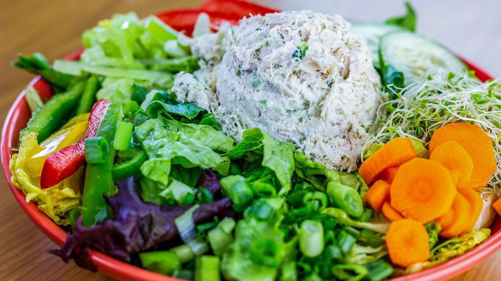 Chicken Salad Plate * · A Fresh Garden Salad with a Scoop of our Famous Chicken Salad served with Roma Tomatoes, Bell Peppers, Carrots, Celery, Alfalfa Sprouts, Green Onions & Cucumbers served with your choice of Salad Dressing.