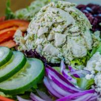 Mediterranean Salad * · A Fresh Garden Salad with Chicken Chunks, Feta Cheese, Kalamata Olives, Roma Tomatoes, Red O...