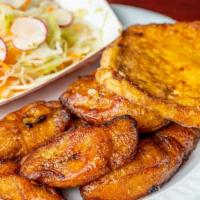 Maduros Con Queso Frito · Fried Sweet plantains with fried cheese and coleslaw.