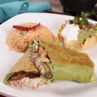 Burrito Wrap · A spinach flour tortilla stuffed with your choice of steak or chicken, beans, lettuce, rice,...