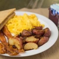 Highland Breakfast · Two eggs scrambled served with toast and your choice of bacon, ham, turkey sausage, soysage ...