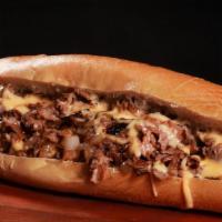 Original Philly Cheesesteak · Thinly Sliced Rib-eye steak, sautéed onions, topped with American-Swiss Cheese served on a s...