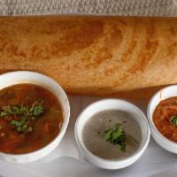 Plain Dosa · Thin golden crispy rice and lentil flour crepe, served with sambar & chutney.