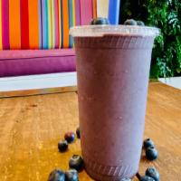 Choco-Berry Protein · Cashews, Hemp seeds, Frozen blueberries, Frozen banana, Dates, Cacao, Hemp protein, Maca, Al...