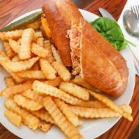 Salmon Melt & Fries · Grilled Wild Atlantic Salmon on a Grilled Buttered Hoagie w/ sautéed onion and fries