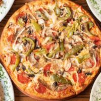 New Yorker Pizza · Pepperoni, Italian sausage, fresh mushrooms, bell peppers, onions, extra mozzarella cheese.