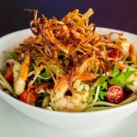 Mixed Salad / Ensalada Mixta · Variety of fresh lettuce, shrimp, fresh mushrooms, cucumber, cherry tomato, celery, fried on...