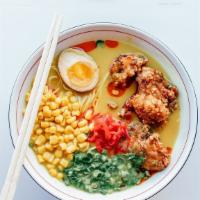 Curry Fried Chicken Tonkotsu · creamy curry broth, fried chicken, shoyu egg, corn, pickled ginger, scallions