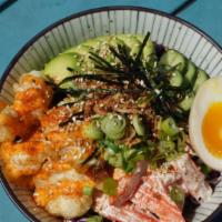 Tempura Shrimp & Crab Poke Bowl · fried shrimp tempura, crab salad, avocado, cabbage, cucumber, crispy onion, spicy mayo