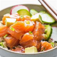 Salmon Poke (Raw) Rice Bowl · raw salmon, cabbage, cucumber, tobiko (fish roe), poke sauce