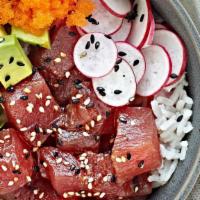 Kimchi Tuna Poke (Raw) Rice Bowl · raw tuna, spicy kimchi, cabbage, cucumber, tobiko (fish roe), poke sauce