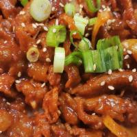 Spicy Pork Rice Bowl · Korean Spicy Pork served w/ white rice, green onions, and sesame seeds