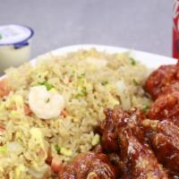 10 Pc Wings With Fried Rice Special · 10 pieces wing and fried rice (egg, onion, pea, carrot, and green onions) with drink.