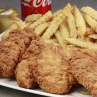 4Pc Chicken Tender Combo · 4 pieces chicken tender with fries and drink.