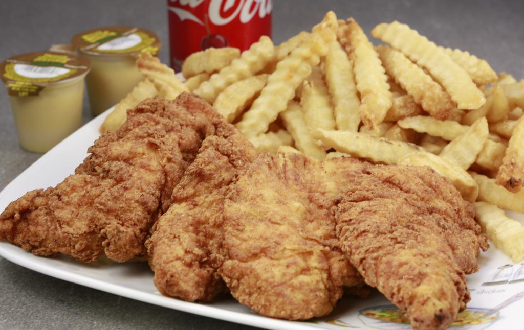4Pc Chicken Tender Combo · 4 pieces chicken tender with fries and drink.