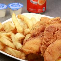 Fish Combo · Any same kind pieces fish (catfish or tilapia or whiting) with a side, hush puppies, and col...