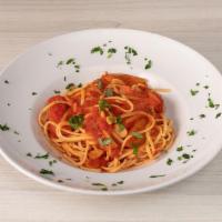 Linguine Filetto Di' Pomodoro · Fresh plum tomato, basil, garlic, olive oil and splash of tomato sauce.